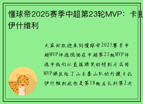 懂球帝2025赛季中超第23轮MVP：卡扎伊什维利
